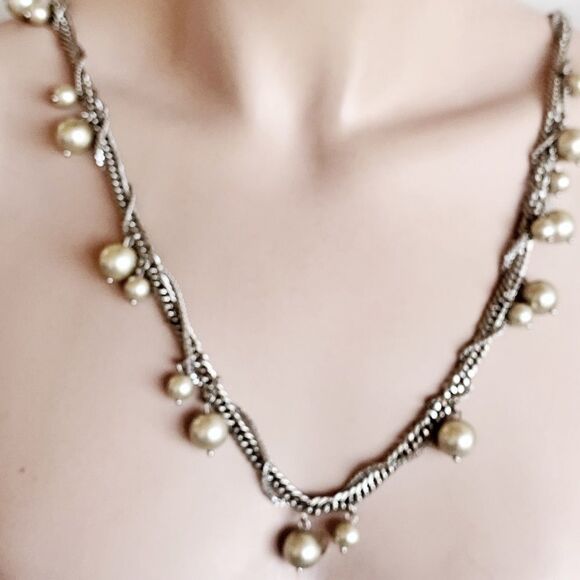 J Crew chain dangling pearl and double chain necklace-28” long - Picture 2 of 7